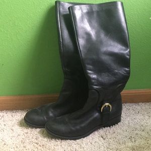 MeToo Black Leather Riding Boots with Gold Buckle